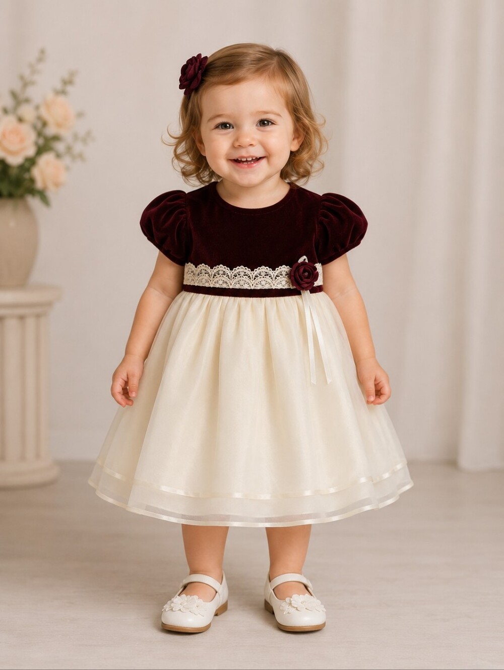 ROSE COTTAGE Burgundy and Ivory Velvet Tulle 2T Toddler Tie Back Dress with Lace